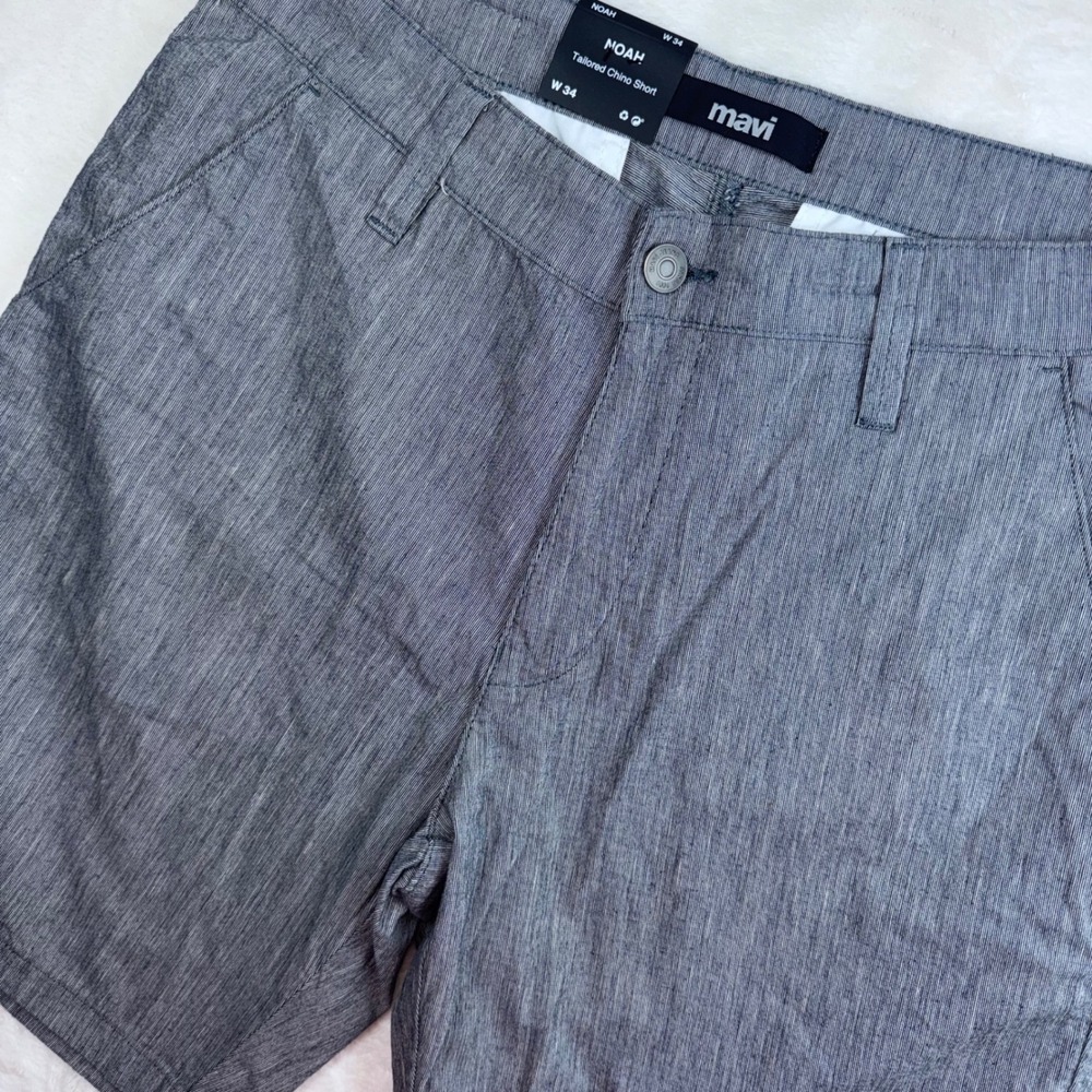 Mavi Noah Tailored Chino Short Men 34 Grey Blue Linen Blend Stretch Textured